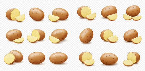 A collection of fresh, raw potatoes, some whole and others cut into halves or wedges, presented with subtle shadows on a transparent background.
