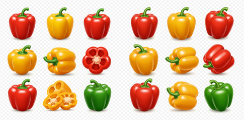 A collection of colorful bell peppers, including whole red, yellow, and green varieties, alongside sliced pieces, presented with realistic detail.