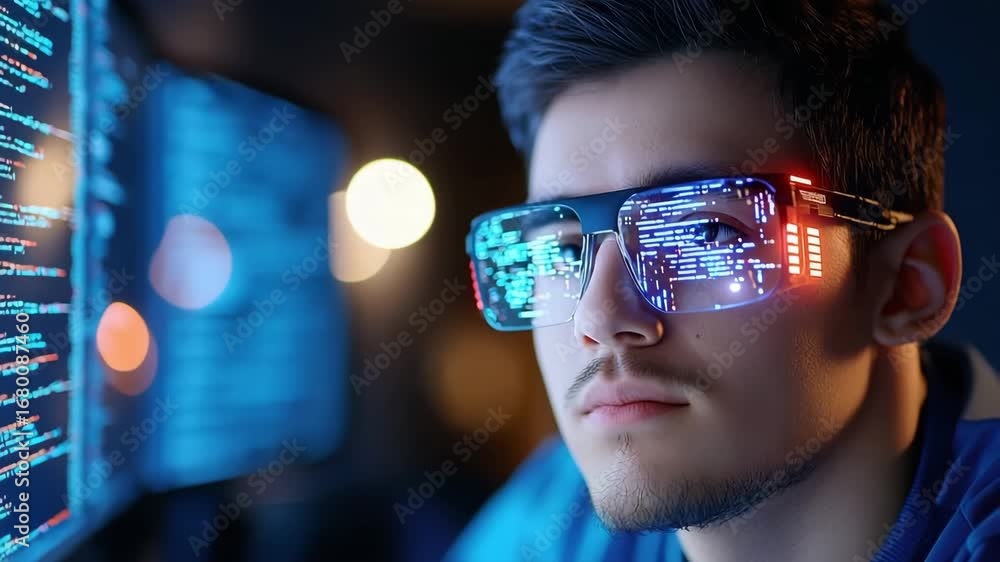 Poster young man with futuristic smart glasses and digital code reflection, focused computer screen and tec