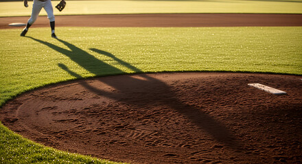 Baseball pitcher preparing to throw a ball during a game on a sunny day with long shadows