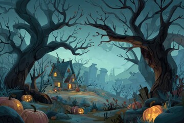Eerie Halloween house nestled in a spooky, dark forest with glowing jack-o'-lanterns