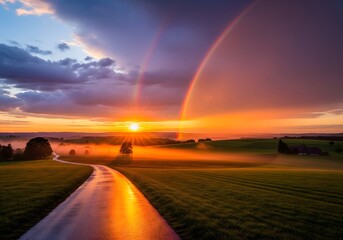 Breathtaking Sunset with a Brilliant Double Rainbow Arching Over a Reflective Road