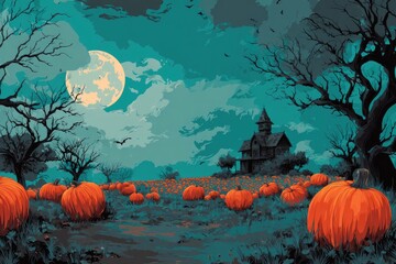 Spooky Halloween pumpkin patch under a full moon, near a haunted house