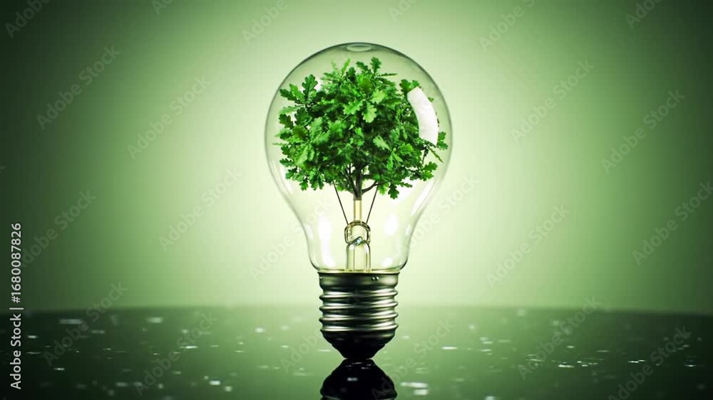 Poster illuminated light bulb with green tree inside on a reflective surface in studio setting
