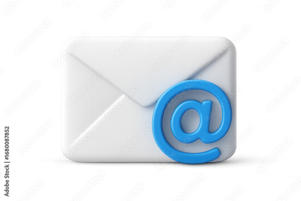 Poster 3d rendering of a closed email envelope featuring a prominent blue at symbol, isolated on a transpar