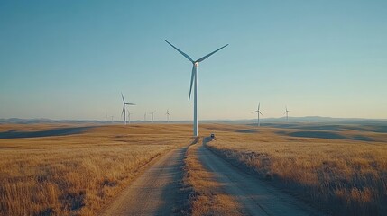 Wind Turbines on a Dirt Road in a Rural Field
