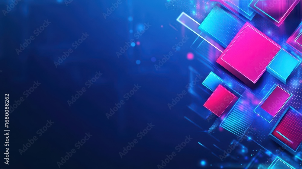 Aufkleber abstract digital geometric shapes with glowing neon squares and rectangles on a dark background repr