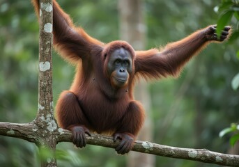 Naklejka premium Orangutan sitting on a tree branch with arms outstretched in a lush green forest setting view