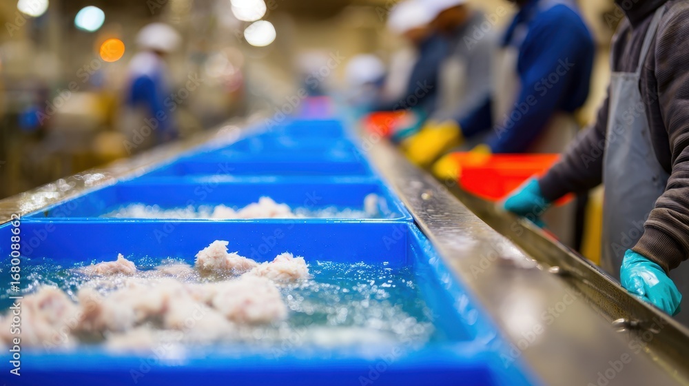 Poster medium shot showing recycling poultry byproducts with clear focus on sorting bins and blurred worker