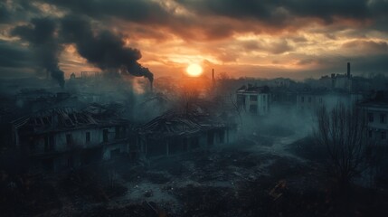 Obraz premium Disturbing post apocalyptic sunset scene. A cityscape on fire, with smoke in the air. A symbol of hope in destruction.