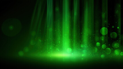 Eco-friendly tech wallpaper with radiant green beams and glowing bokeh highlights on dark background, symbolizing data and sustainability