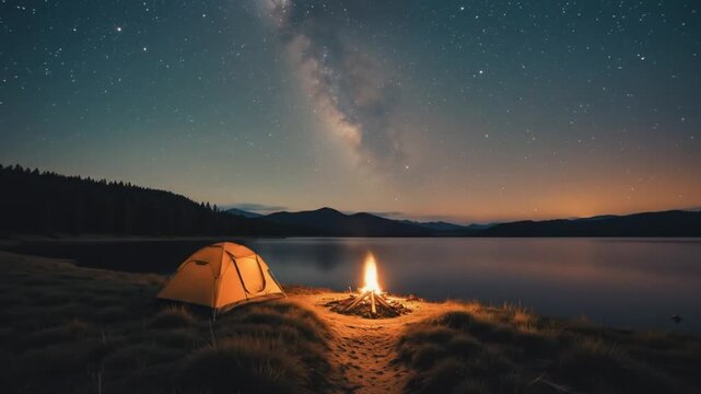 Minimalist Camping on a Serene Lakeside Under a Starry Night Sky. 4k video