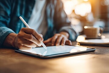 Close-up of person using stylus on tablet.  Sunlight streams in, highlighting the device and hands