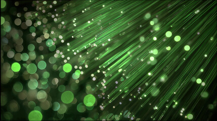 Eco-friendly tech wallpaper with radiant green beams and glowing bokeh highlights on dark background, symbolizing data and sustainability