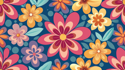 Retro floral pattern with pink orange and yellow flowers on blue background vintage