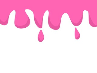 Pink liquid dripping, white background, food design. Melted Strawberry syrup. Pink fluid background