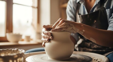 Hands shaping clay on a spinning pottery wheel in a bright studio with natural light creating a beautiful ceramic vase