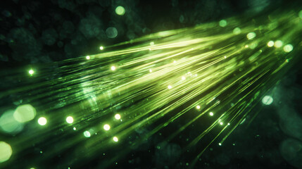 Eco-friendly tech wallpaper with radiant green beams and glowing bokeh highlights on dark background, symbolizing data and sustainability