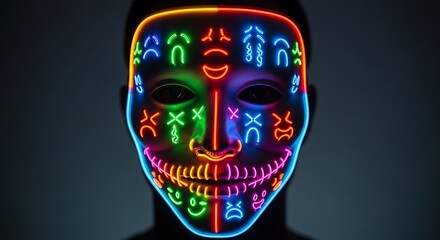 Colorful neon mask with various emotion symbols glowing in the dark for a party or halloween event
