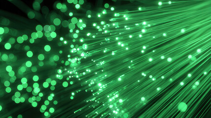 Eco-friendly tech wallpaper with radiant green beams and glowing bokeh highlights on dark background, symbolizing data and sustainability