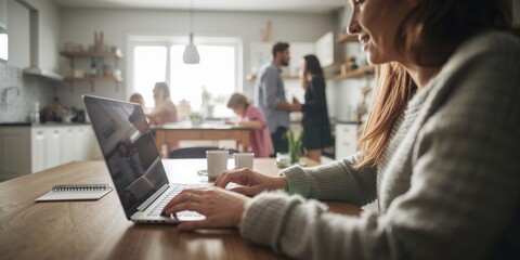 Remote work at a kitchen table: woman typing on laptop while family talks in the background; hybrid work-from-home scene with morning light, coffee mug, cozy home office atmosphere, focus