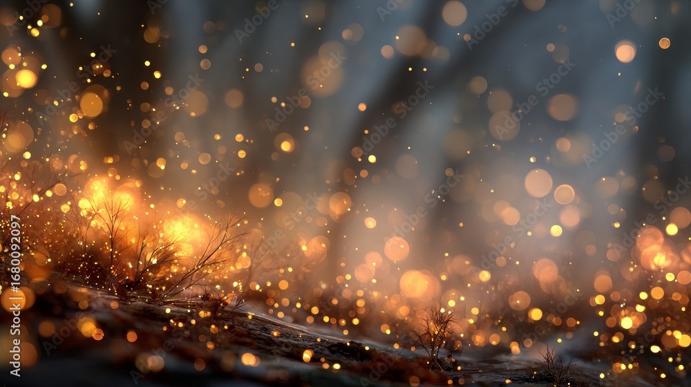 Poster abstract background with seamless warm golden light particles flowing upwards, creating an ethereal 