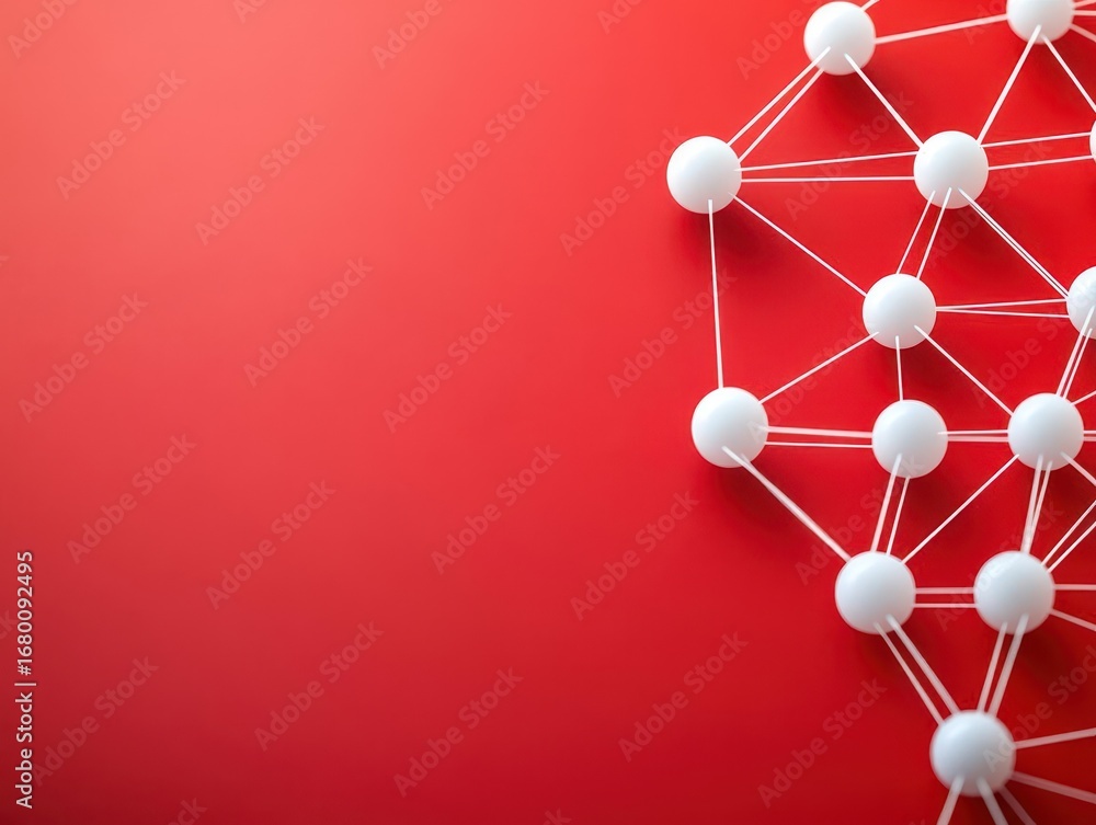 Aufkleber abstract digital network structure with interconnected white spheres and lines on a vibrant red back