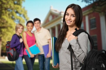 Students life concept. Happy girl with backpack