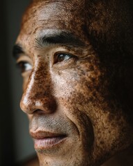 Obraz premium Elderly Asian man, natural light, visible freckles on his face.