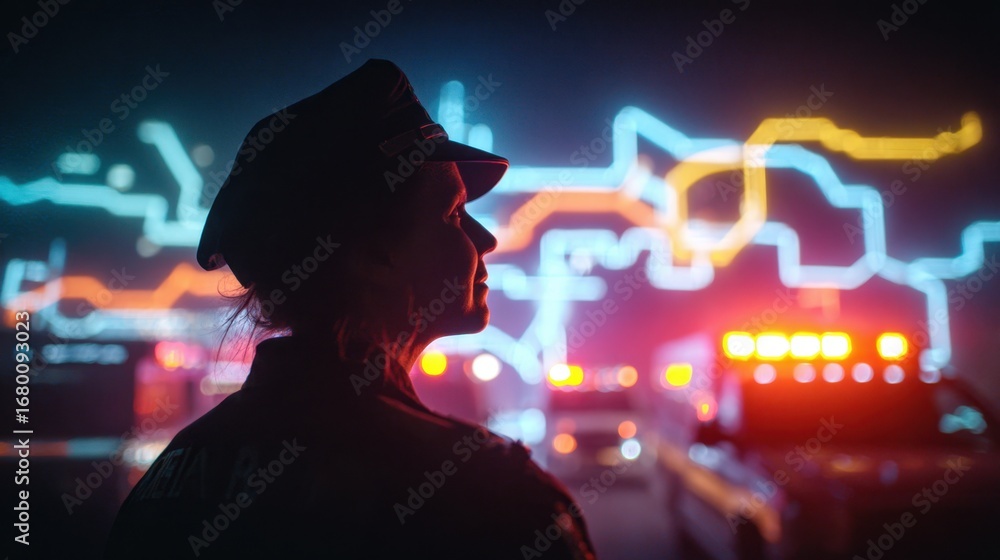 Aufkleber dispatcher silhouette in the foreground with a neon ambulance route map glowing vividly in the backg