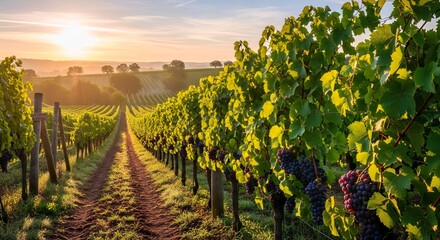 Sunlit Vineyard with Path Between Green Grapevines