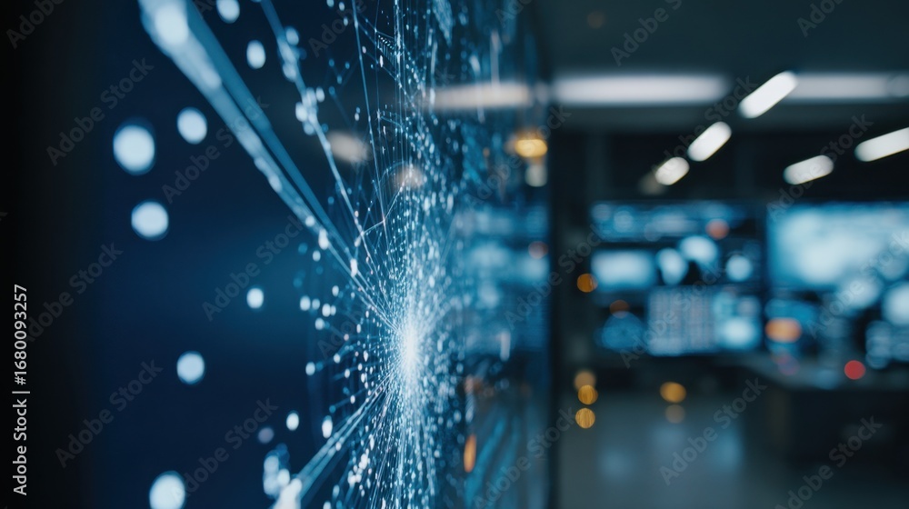 Poster medium shot focusing on a complex threat query displayed on a large digital wall surrounded by outof