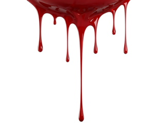 Thick, viscous red liquid dripping in long, thin strands against a stark transparent background, evoking a sense of danger or intensity