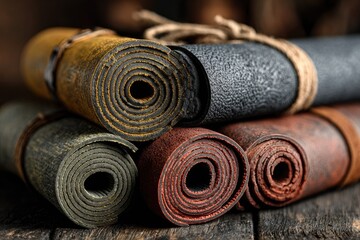 Rolled leather sheets in various colors and textures, stacked on a wooden surface