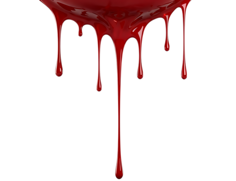 Thick, viscous red liquid dripping in long, thin strands against a stark transparent background, evoking a sense of danger or intensity
