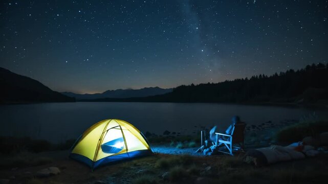 Minimalist Camping on a Serene Lakeside Under a Starry Night Sky. 4k video