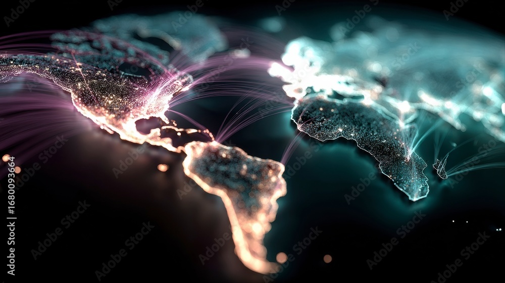 Poster global connectivity: a mesmerizing digital map illuminates the world, showcasing intricate networks 