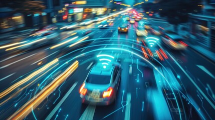 Futuristic Technology Autonomous Vehicles Connected on a City Highway, auto pilot