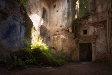 Sunlit ruins of a stone building, overgrown with vegetation