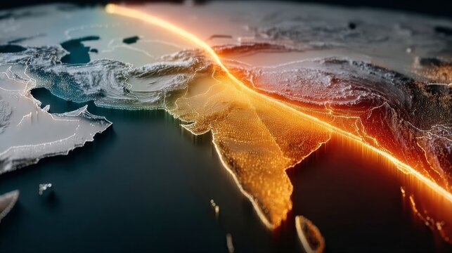 Plate Tectonics Dynamics: A digital art display of tectonic plates converging, depicting the dynamic forces that shape our planet, perfect for educational and scientific contexts.