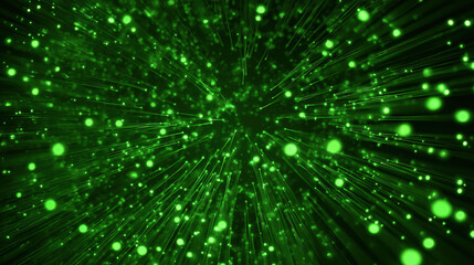 Eco-friendly tech wallpaper with radiant green beams and glowing bokeh highlights on dark background, symbolizing data and sustainability