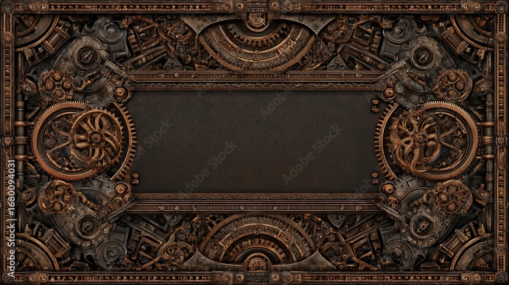 Poster ornate steampunk-style frame design with intricate gears and mechanisms surrounds a dark brown, empt