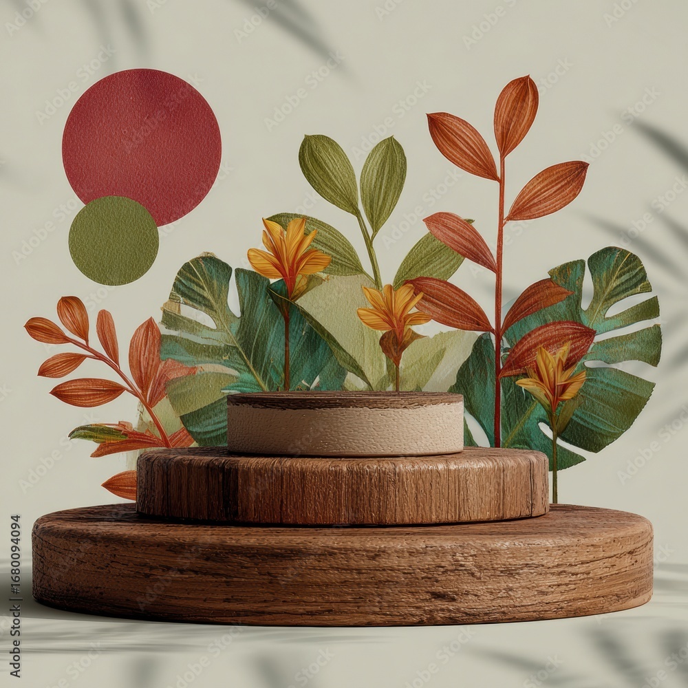 Poster wooden display platform with botanicals: a wooden display platform showcases a selection of botanica