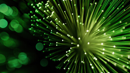 Eco-friendly tech wallpaper with radiant green beams and glowing bokeh highlights on dark background, symbolizing data and sustainability