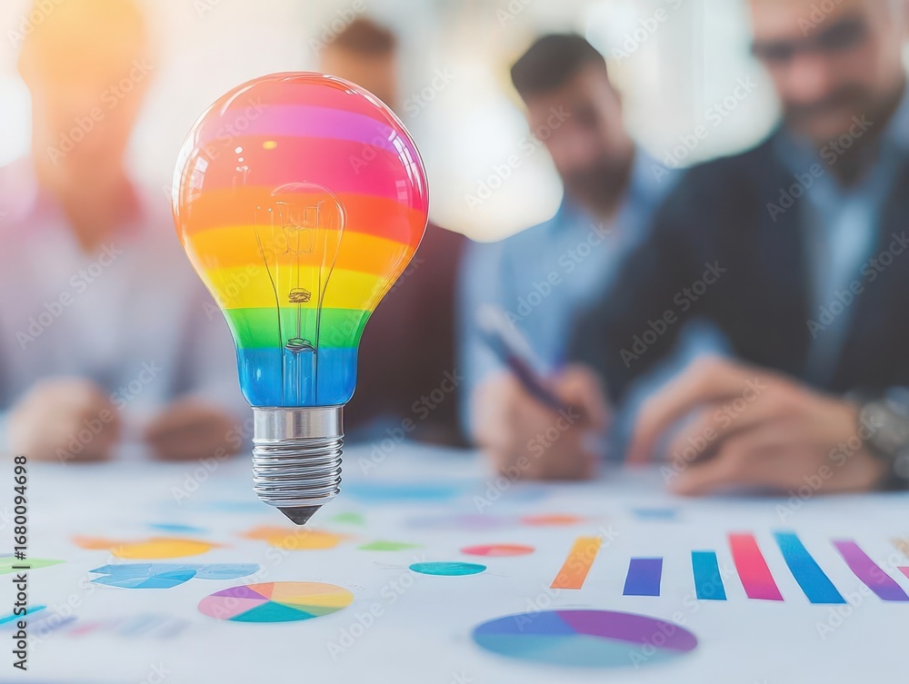 Aufkleber creative business team brainstorming and discussing innovative ideas with colorful charts and a rain