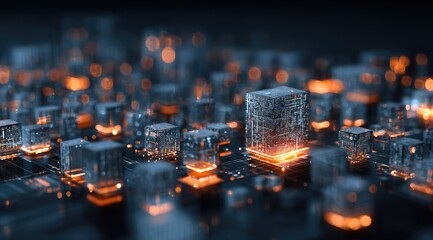 Glowing translucent cubes on a circuit board, representing digital data or a futuristic cityscape