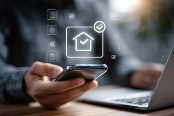Person using a phone with a house icon and checkmarks, suggesting digital home management or approval