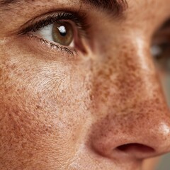 Fototapeta premium Macro photo of a mother's face after giving birth. The skin texture and blemishes are clearly visible and natural.