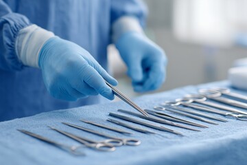 A scrub nurse's gloved hands arrange sterilized instruments on a surgical tray in an operating room. Preparation and precision concept.