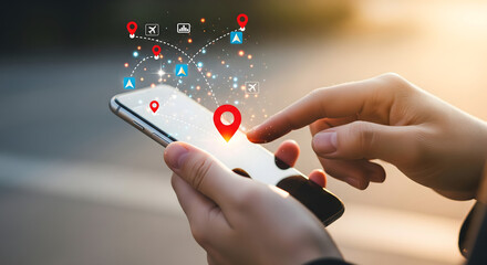 Person using smartphone with GPS navigation and location icons, digital map and online tracking technology concept for travel and connectivity